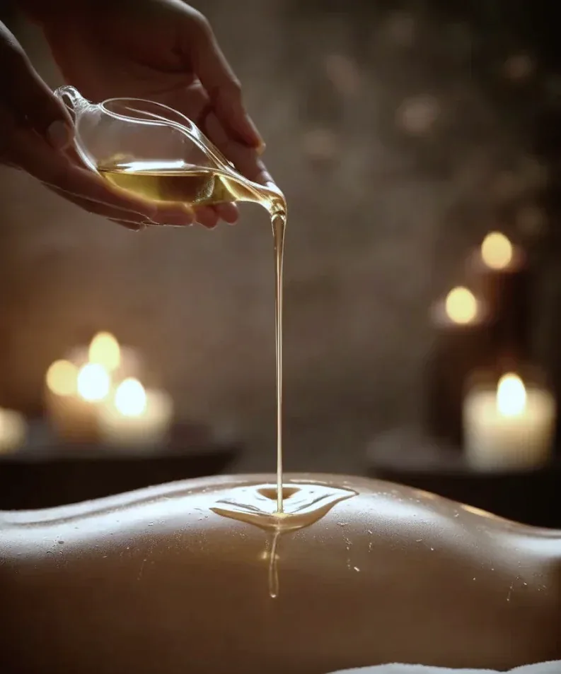 Huile de massage versée lors d'un massage relaxant du dos